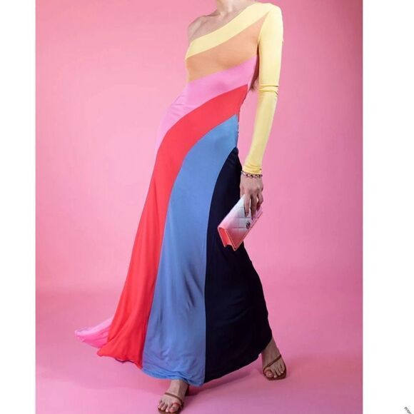 Staud Serena One Shoulder Multi Color Long Dress Medium - Picture 1 of 11
